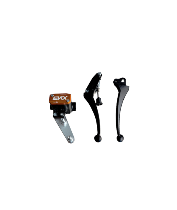 Pompa freno idraulica EVOK iron brake p11 manubrio Vespa PK leve nere, tappo pompa arancione